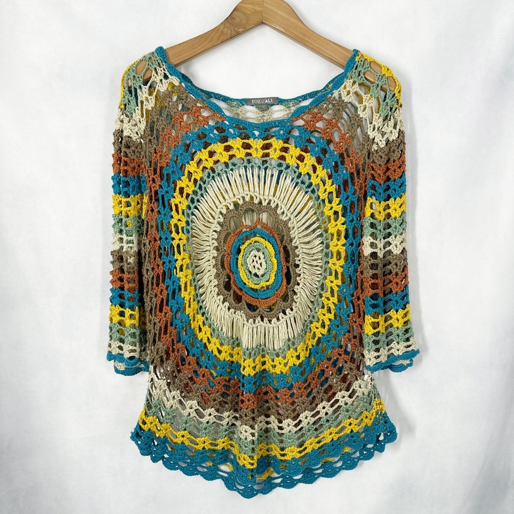Y2K Boho Roz & Ali Cotton 3/4 Sleeve Medallion Multicolor Crochet Top Size 1X